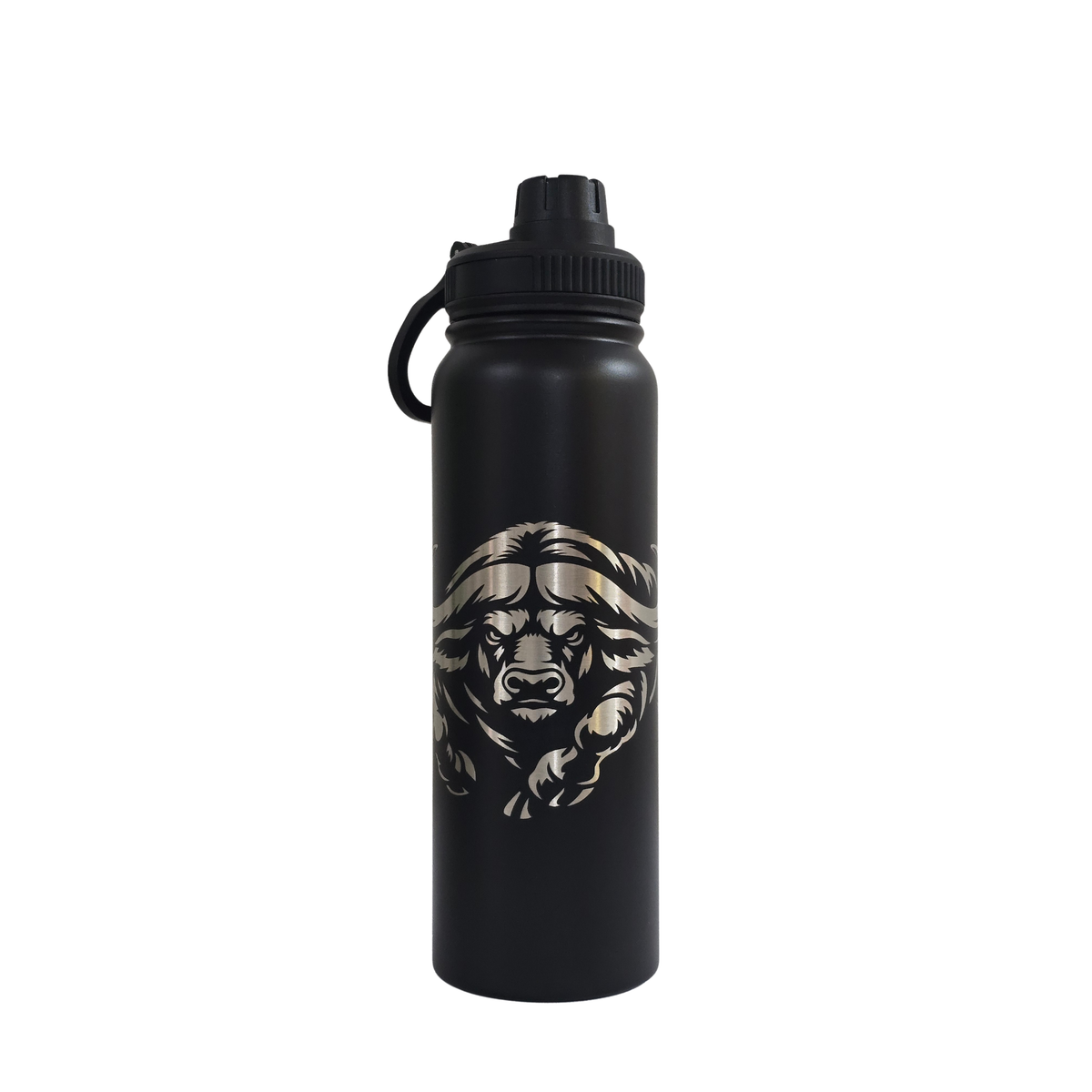 Buffalo laser-engraved black stainless steel water bottle, 750ml