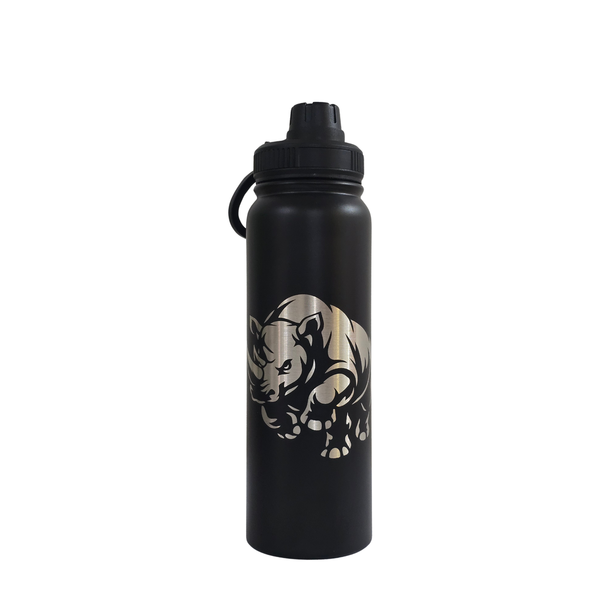 Rhino laser-engraved black stainless steel water bottle, 750ml