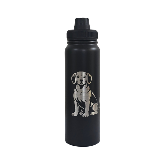 Beagle laser-engraved black stainless steel water bottle, 750ml