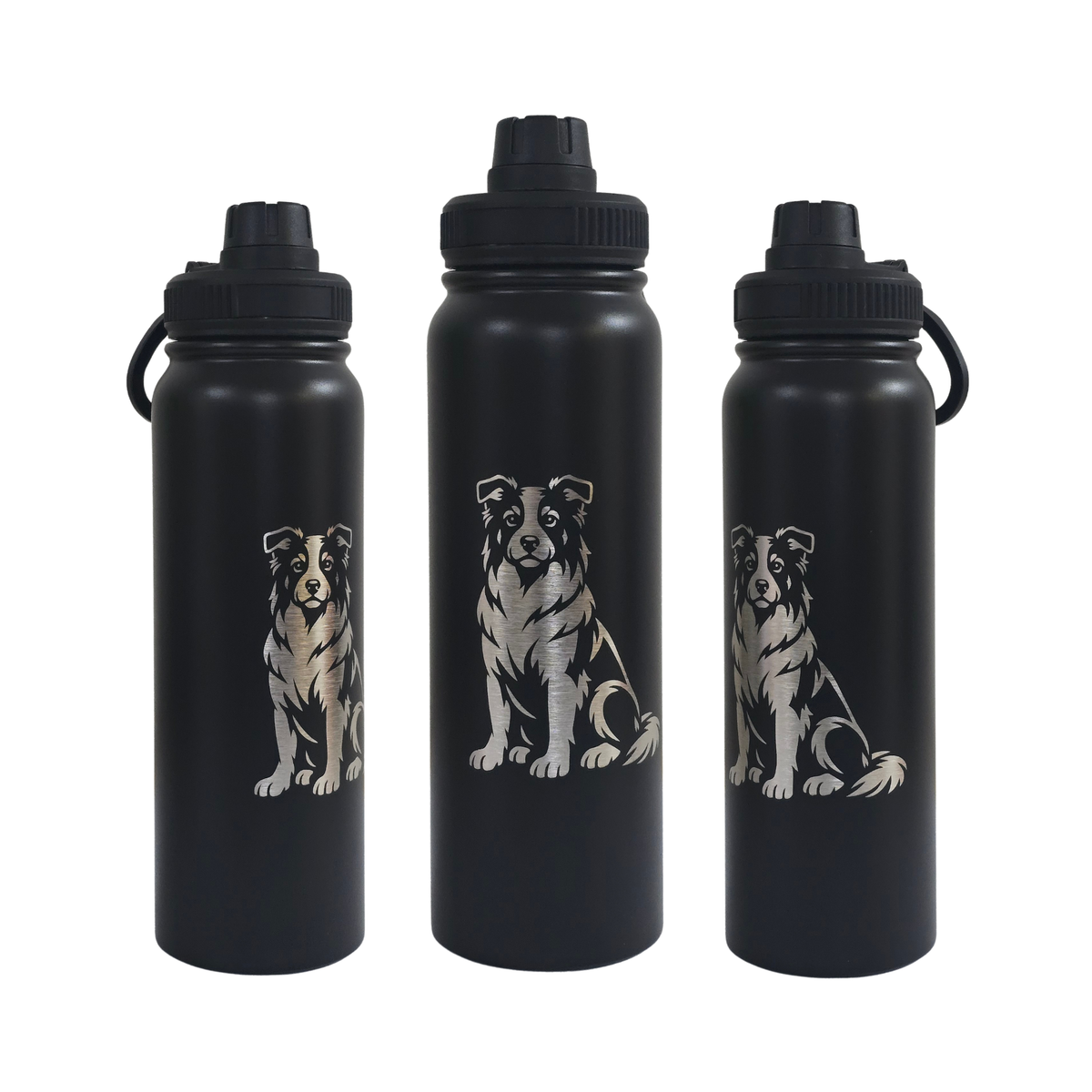 Border Collie engraved stainless steel water bottle 750ml - fourth view