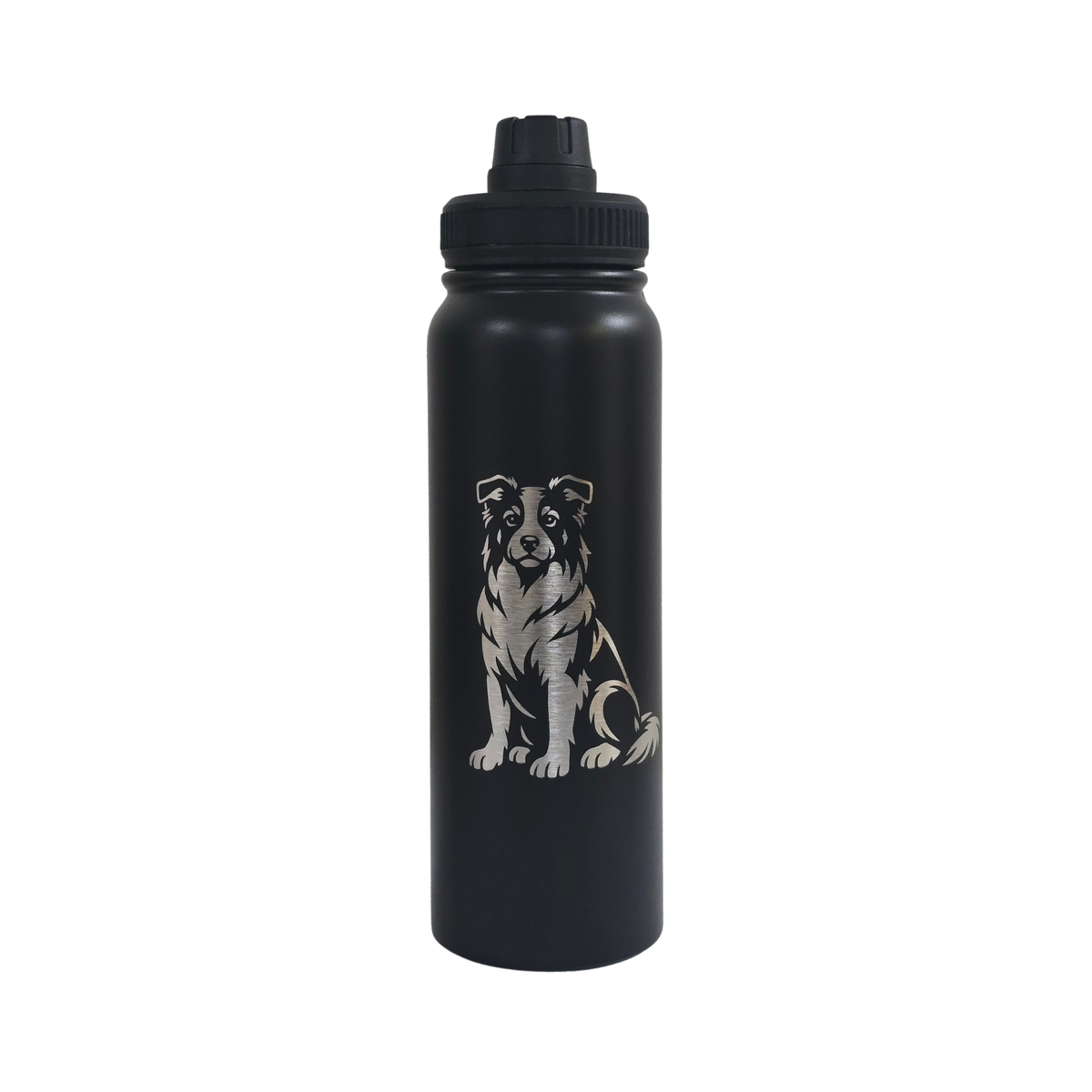Border Collie laser-engraved black stainless steel water bottle, 750ml