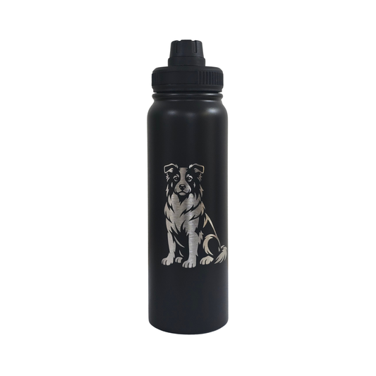 Border Collie laser-engraved black stainless steel water bottle, 750ml