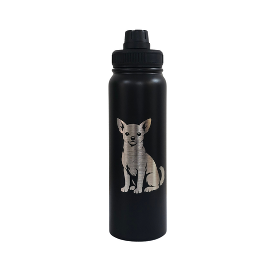 Chihuahua laser-engraved black stainless steel water bottle, 750ml