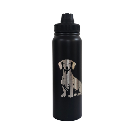Dachshund laser-engraved black stainless steel water bottle, 750ml