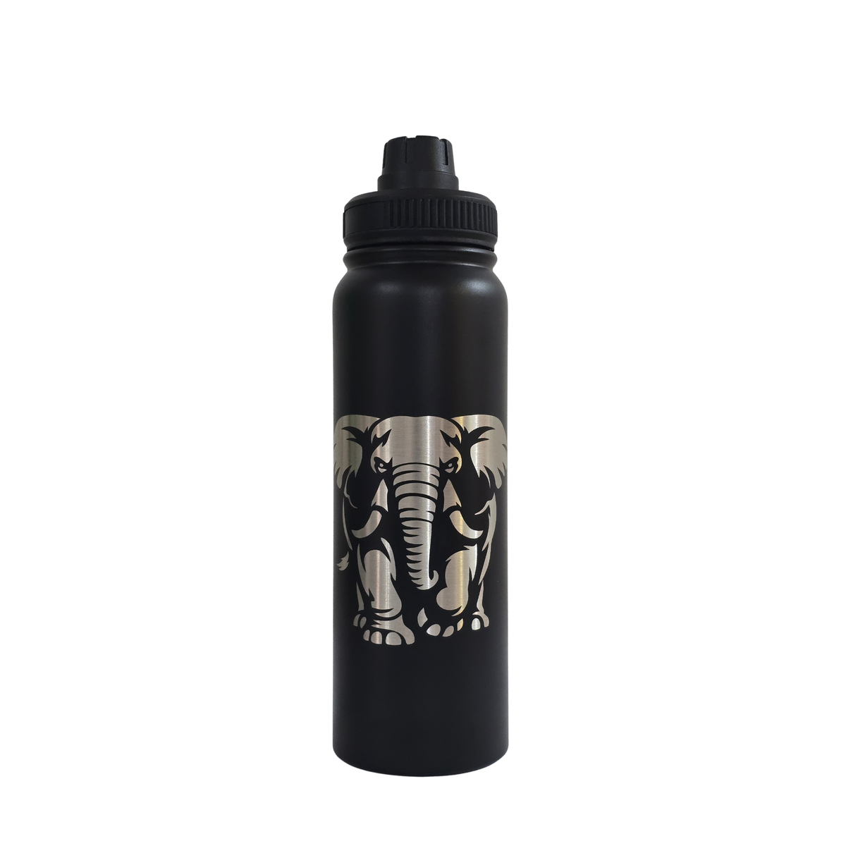 Elephant laser-engraved black stainless steel water bottle, 750ml