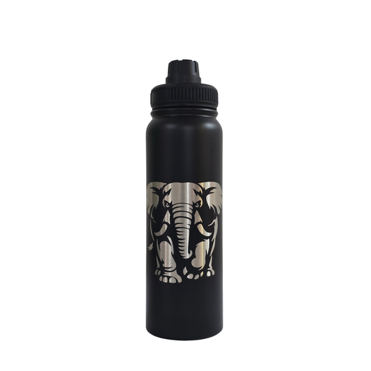 Elephant laser-engraved black stainless steel water bottle, 750ml