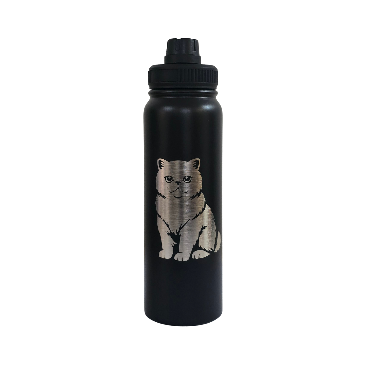 Exotic Shorthair laser-engraved black stainless steel water bottle, 750ml