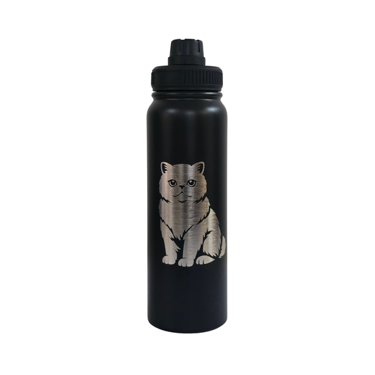 Exotic Shorthair laser-engraved black stainless steel water bottle, 750ml