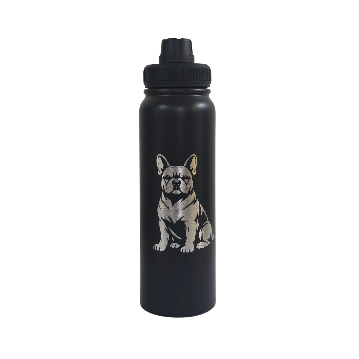 French Bulldog laser-engraved black stainless steel water bottle, 750ml