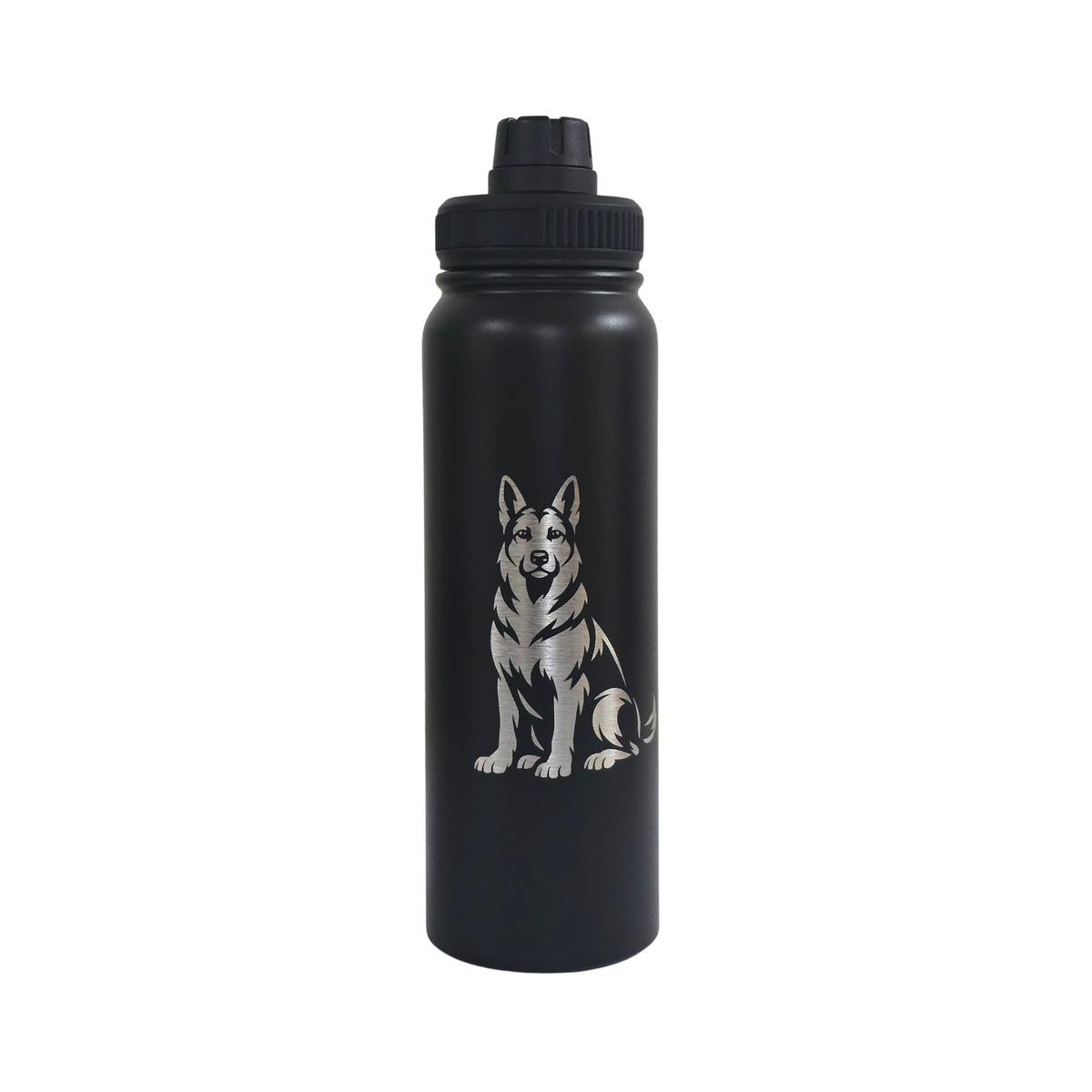 German Shepherd laser-engraved black stainless steel water bottle, 750ml