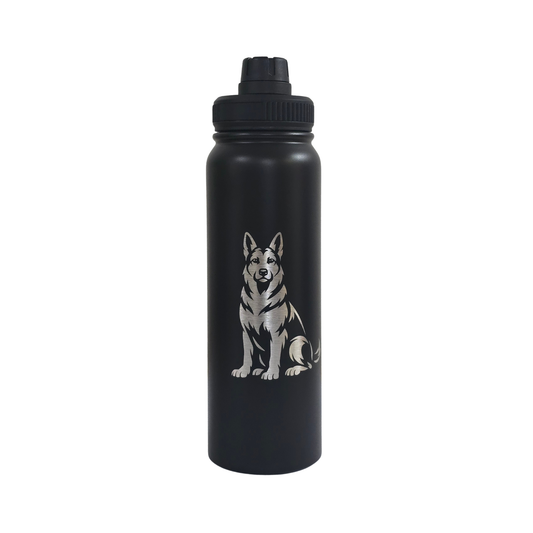 German Shepherd laser-engraved black stainless steel water bottle, 750ml