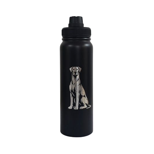 Great Dane laser-engraved black stainless steel water bottle, 750ml