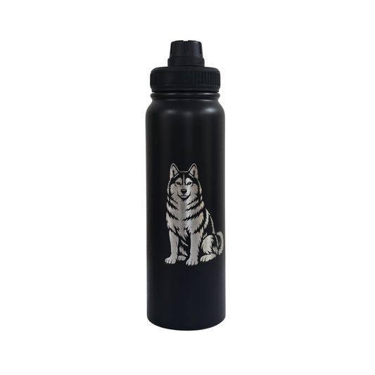 Husky laser-engraved black stainless steel water bottle, 750ml