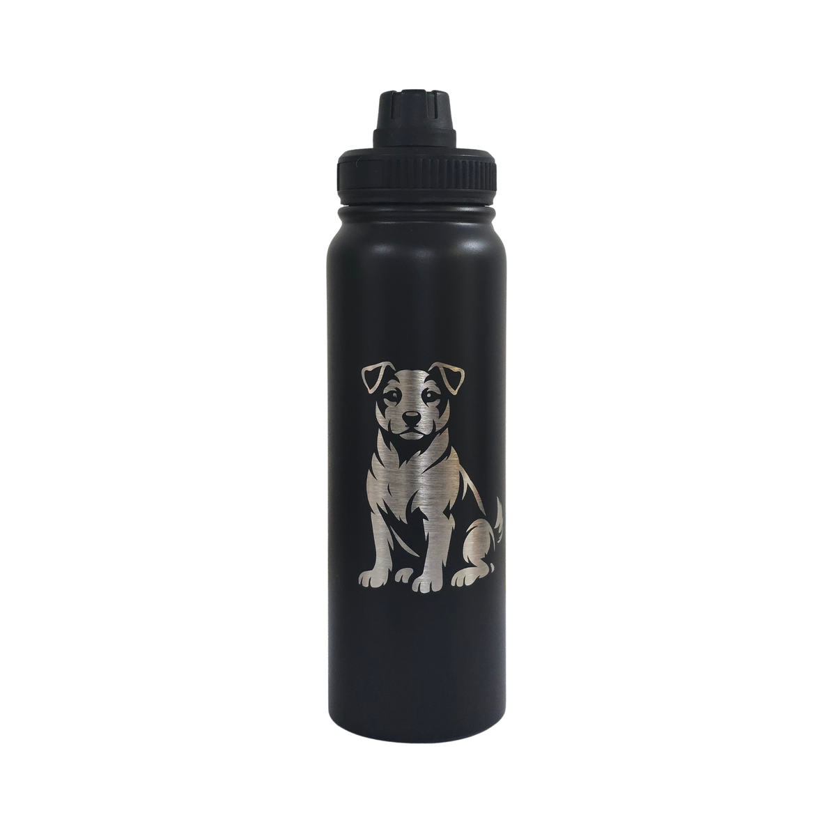 Jack Russell laser-engraved black stainless steel water bottle, 750ml