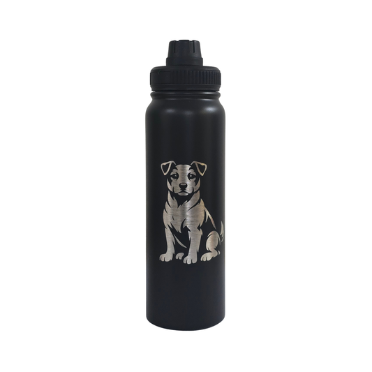 Jack Russell laser-engraved black stainless steel water bottle, 750ml