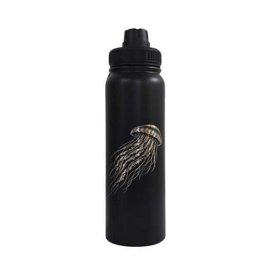 Jellyfish laser-engraved black stainless steel water bottle, 750ml