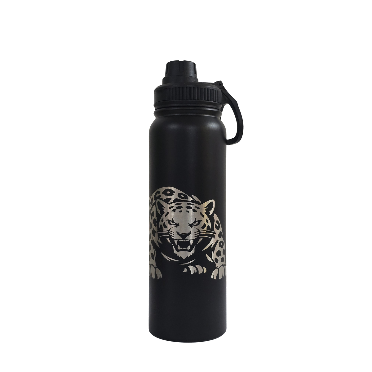 Leopard laser-engraved black stainless steel water bottle, 750ml