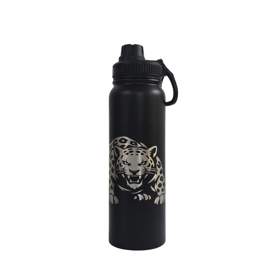 Leopard laser-engraved black stainless steel water bottle, 750ml
