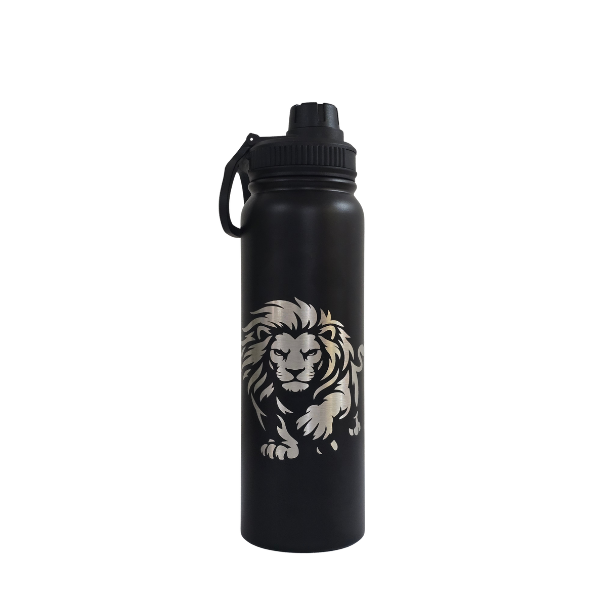 Lion laser-engraved black stainless steel water bottle, 750ml