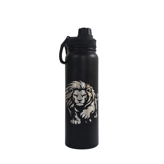 Lion laser-engraved black stainless steel water bottle, 750ml