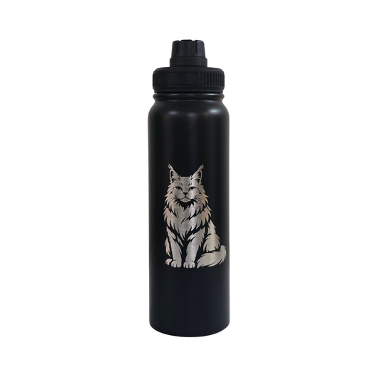 Maine Coon laser-engraved black stainless steel water bottle, 750ml
