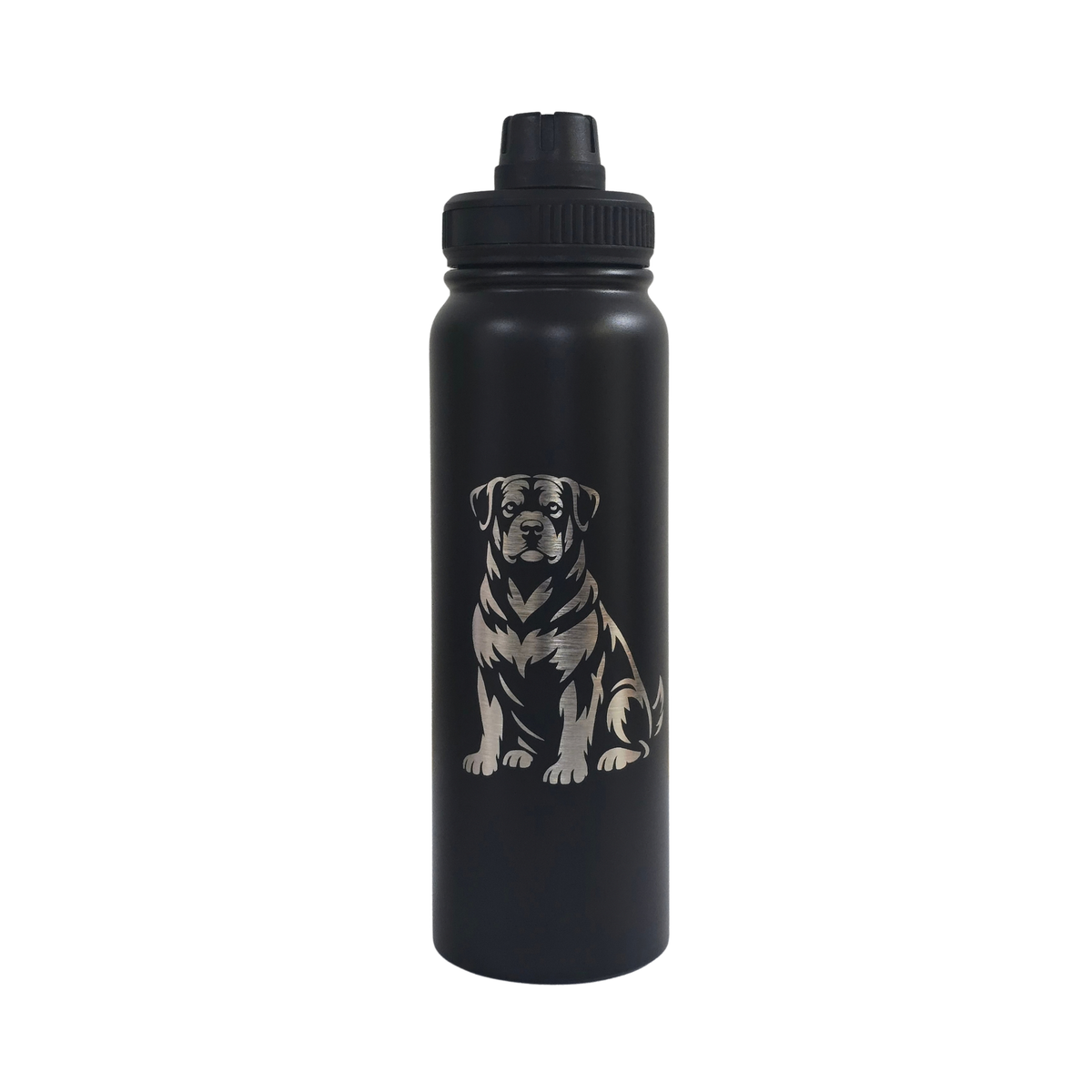 Rottweiler laser-engraved black stainless steel water bottle, 750ml