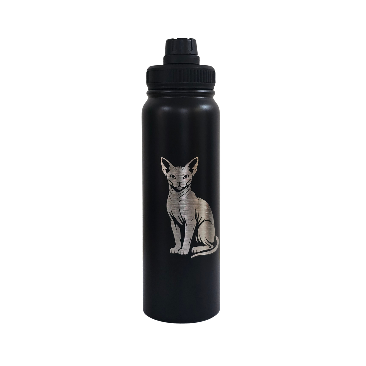 Sphynx laser-engraved black stainless steel water bottle, 750ml