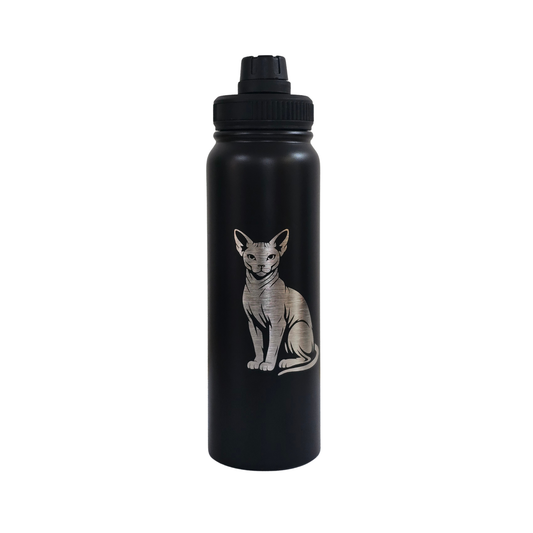 Sphynx laser-engraved black stainless steel water bottle, 750ml