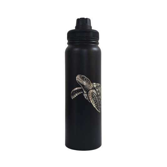 Turtle laser-engraved black stainless steel water bottle, 750ml