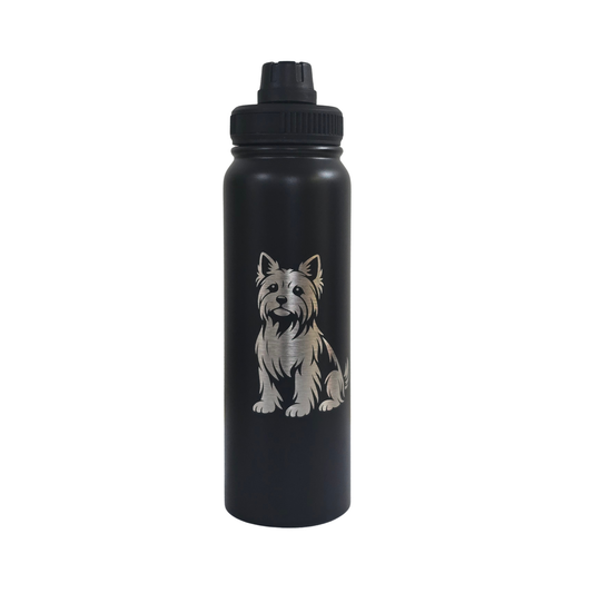 Yorkie laser-engraved black stainless steel water bottle, 750ml